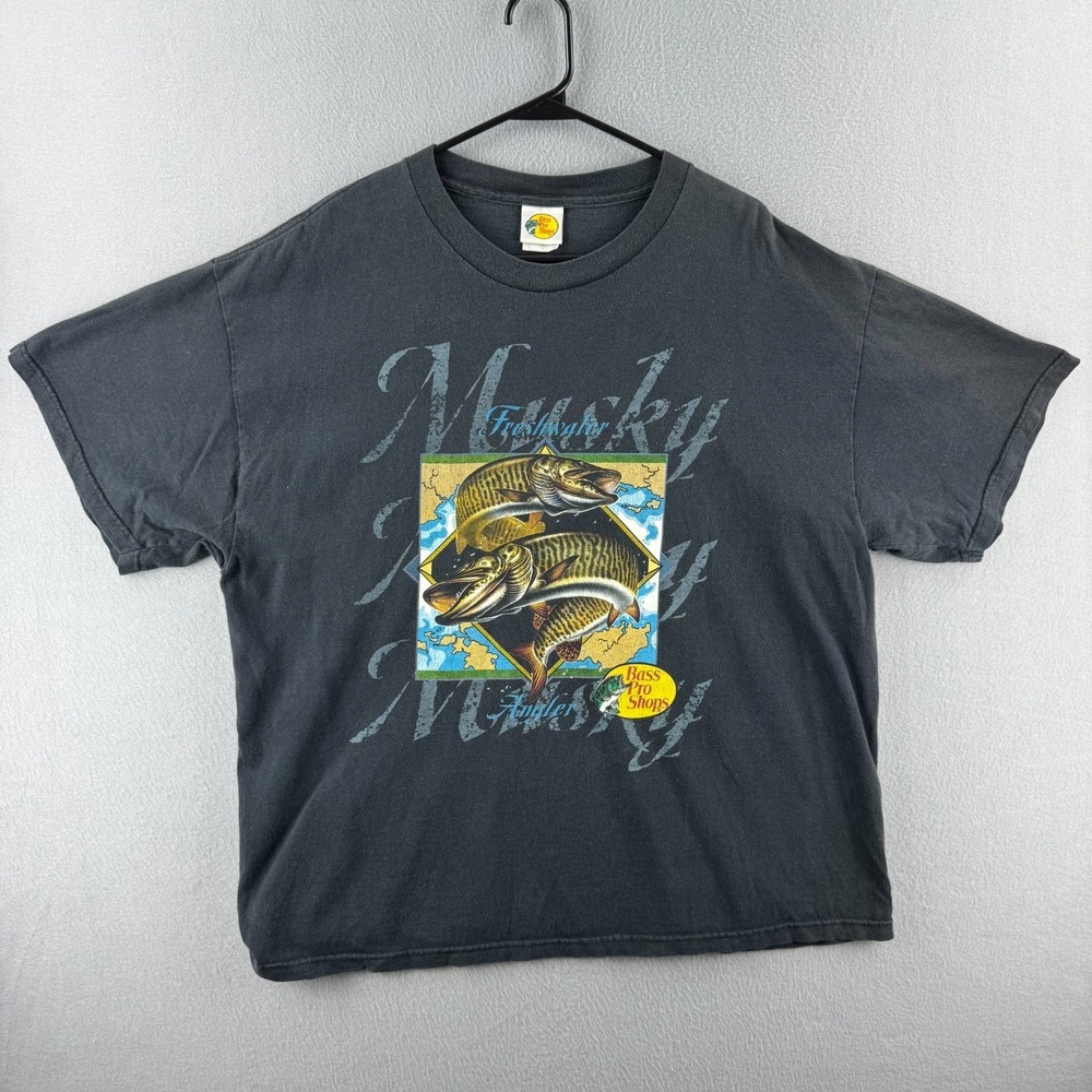 Vintage Bass Pro Shop Shirt Mens‎ XL Boxy Black Cotton Short Sleeve Made in USA